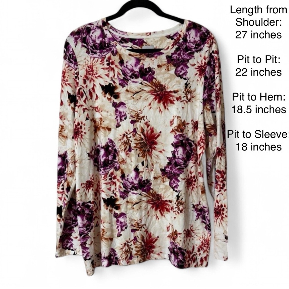 Chico's Floral Long Sleeve Crewneck Top - Plum & Burgundy - Size 3 / XL - Picture 2 of 8